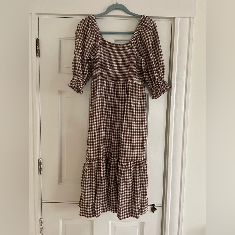 Madewell Smocked Brown and Cream Dress